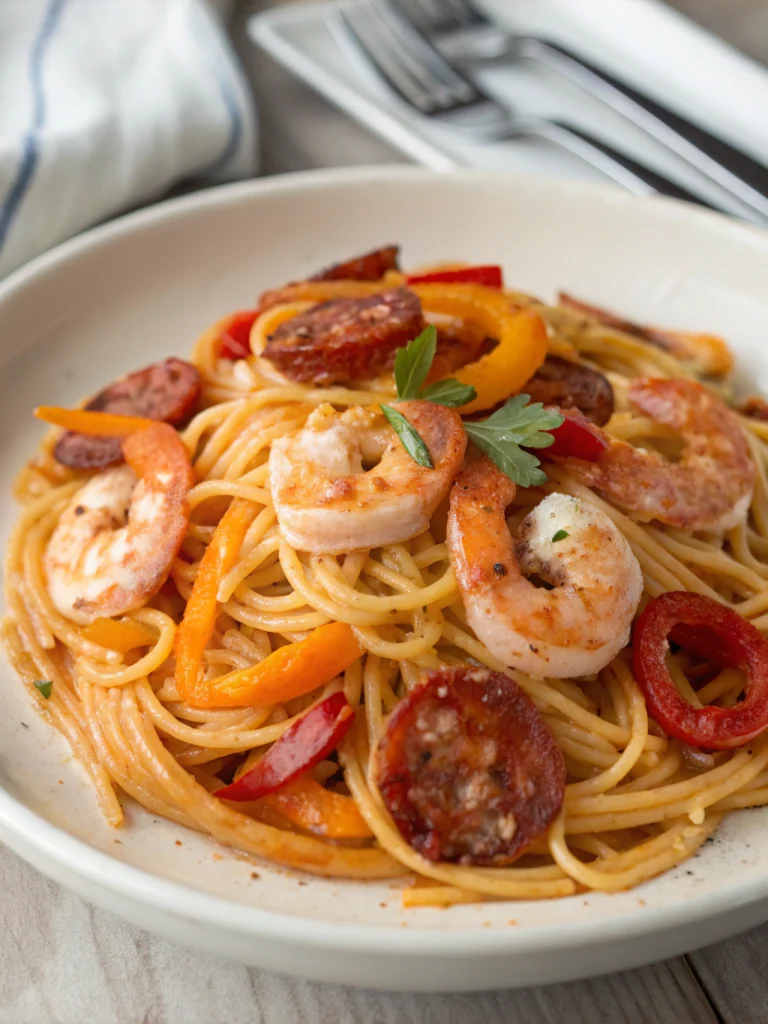 Spaghetti à la Crème de Poivron, Chorizo et Crevettes