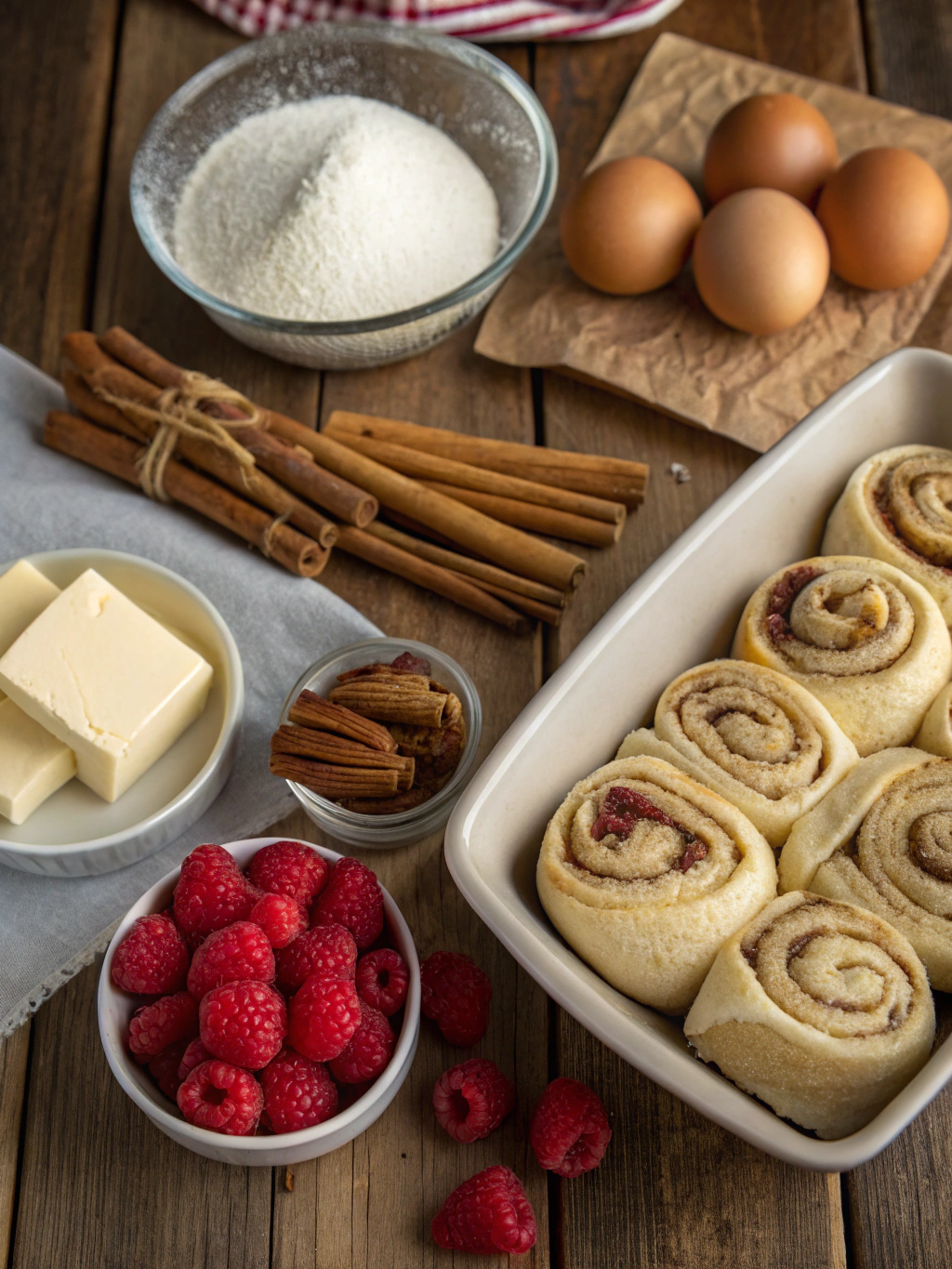 Ingrédients pour roulés à la cannelle et framboise