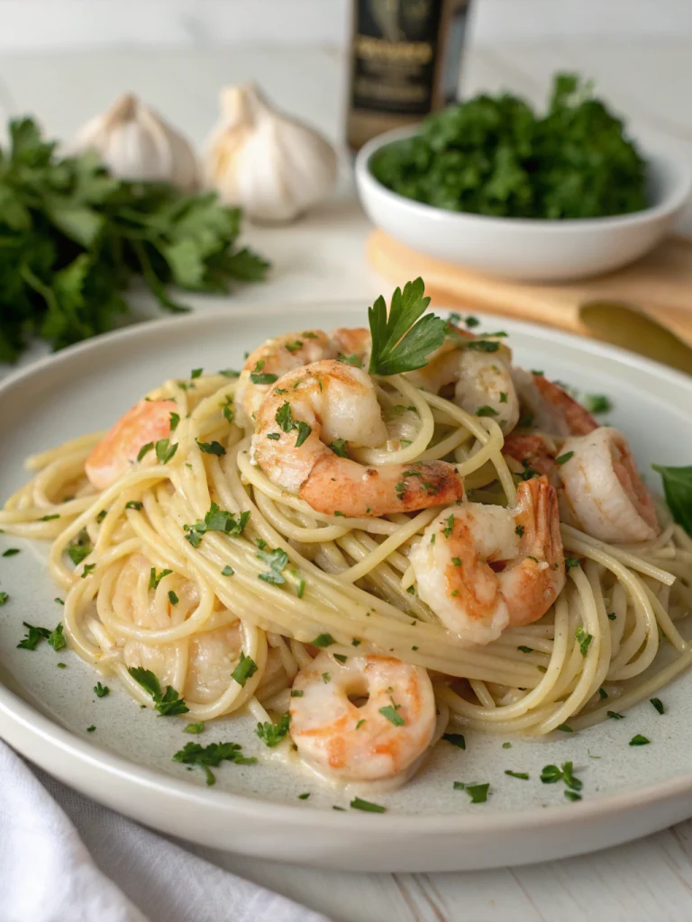 spaghettis aux crevettes et sauce crème ail & persil