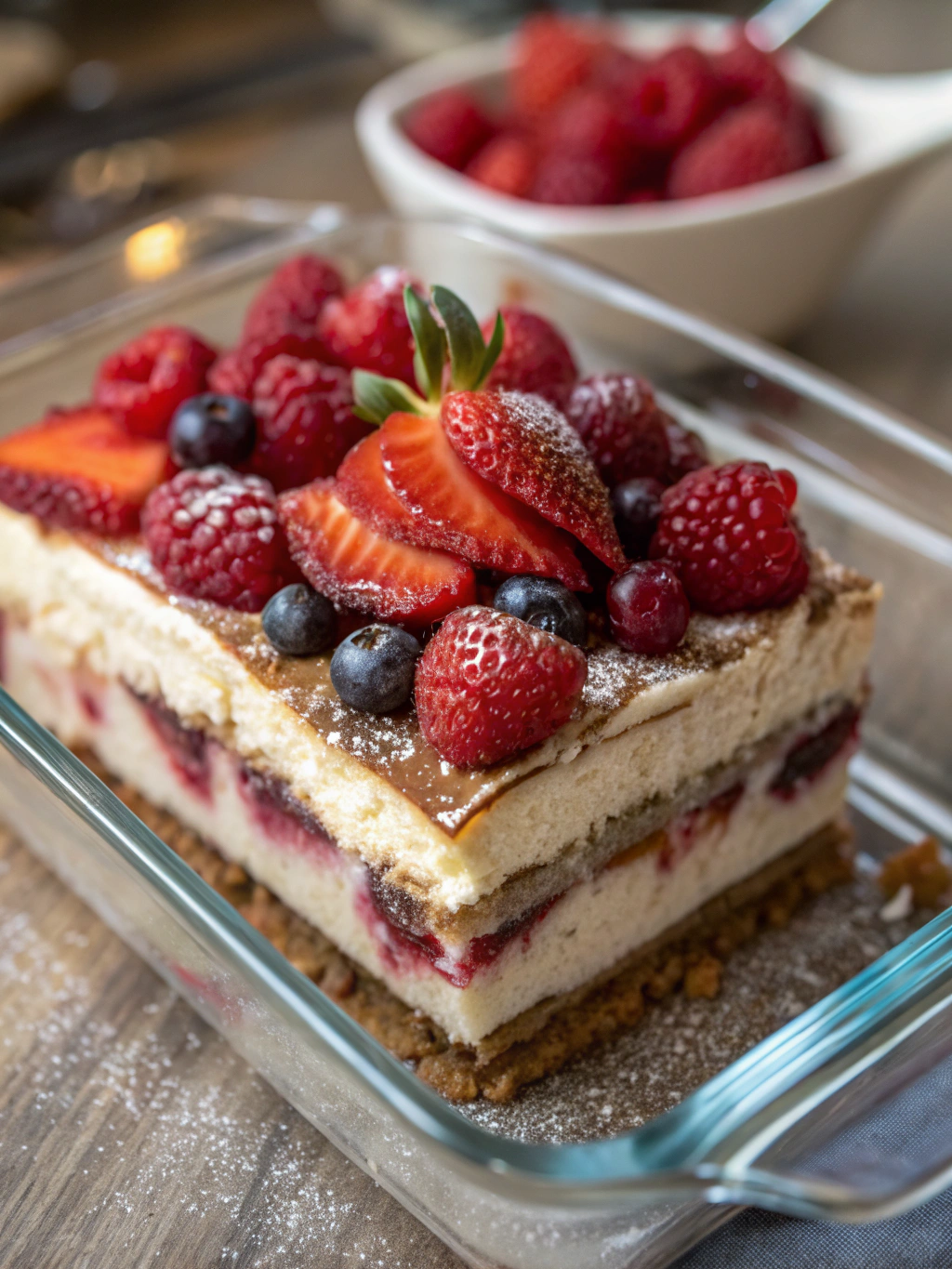 Tiramisu aux fruits rouges préparé