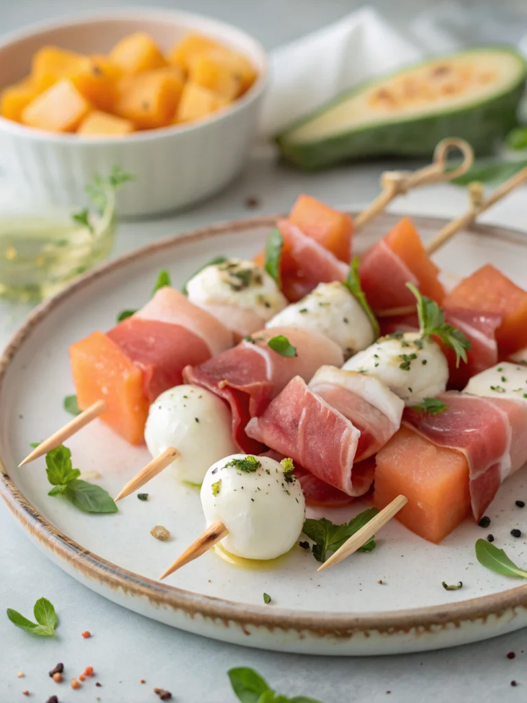Brochettes melon jambon cru mozzarella
