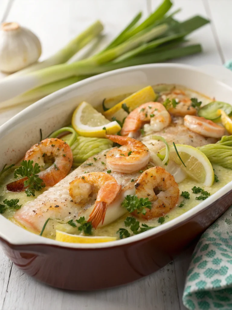 Cassolette poissons crevettes poireaux