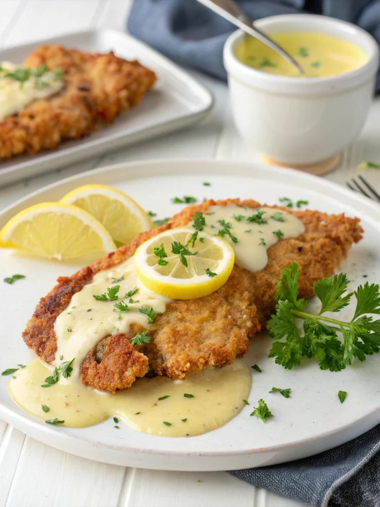Escalope de Poulet Panée avec Sauce Crémeuse au Citron