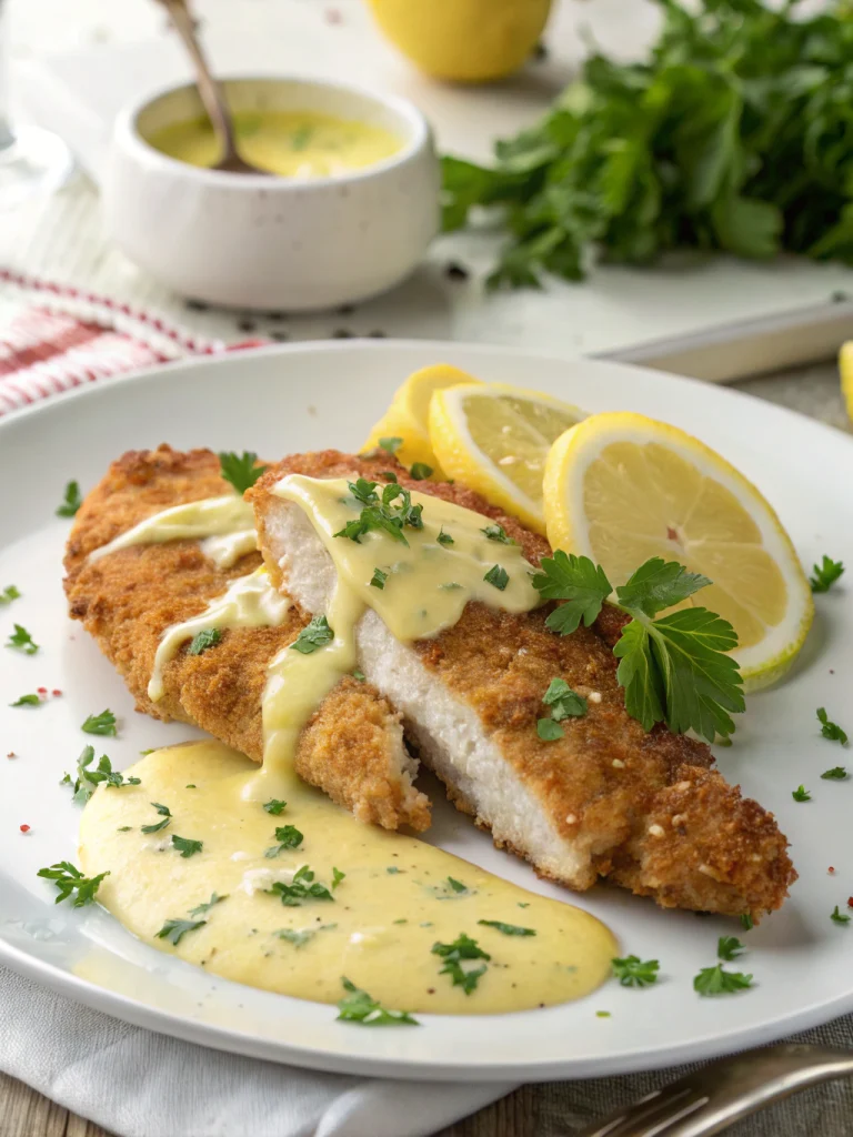 Escalope de Poulet Panée avec Sauce Crémeuse au Citron