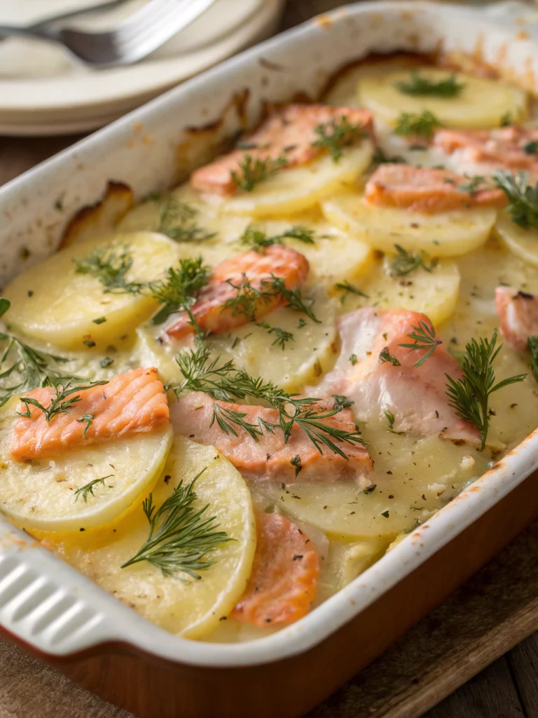 Gratin de pommes de terre et saumon aux herbes