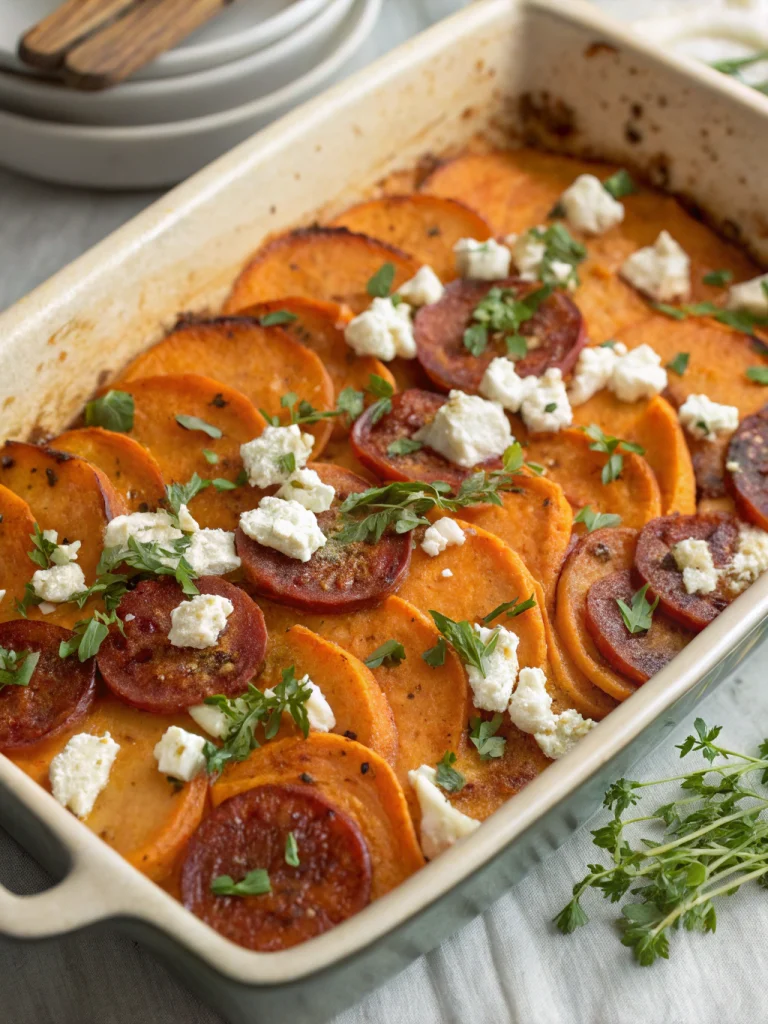 Gratin patates douces chorizo chèvre