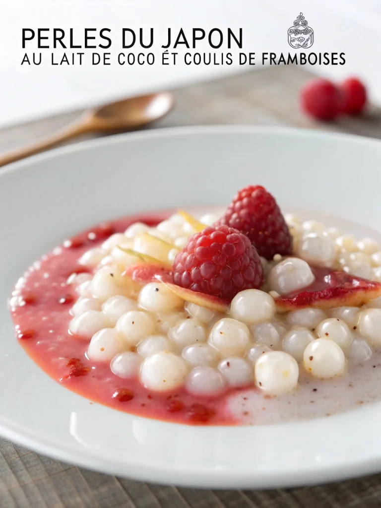 Perles du Japon au lait de coco et coulis de framboises