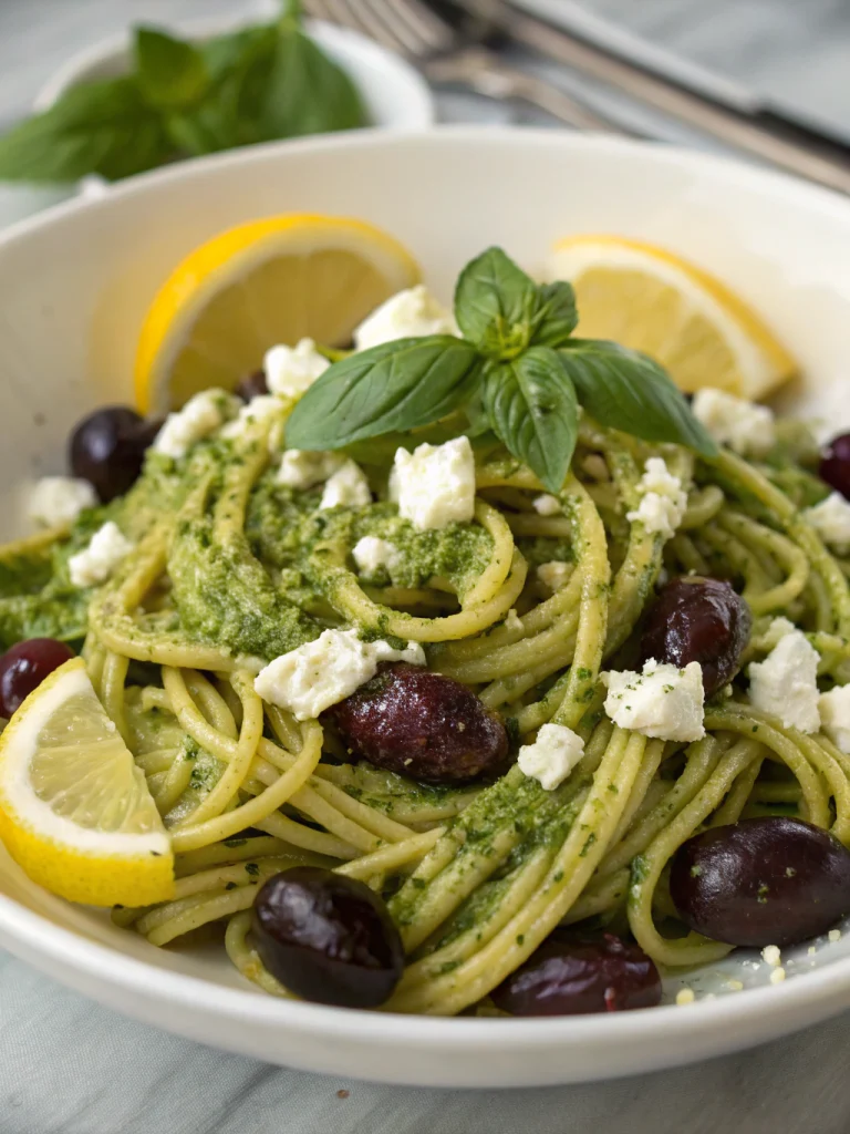 Pâtes pesto, feta & olives