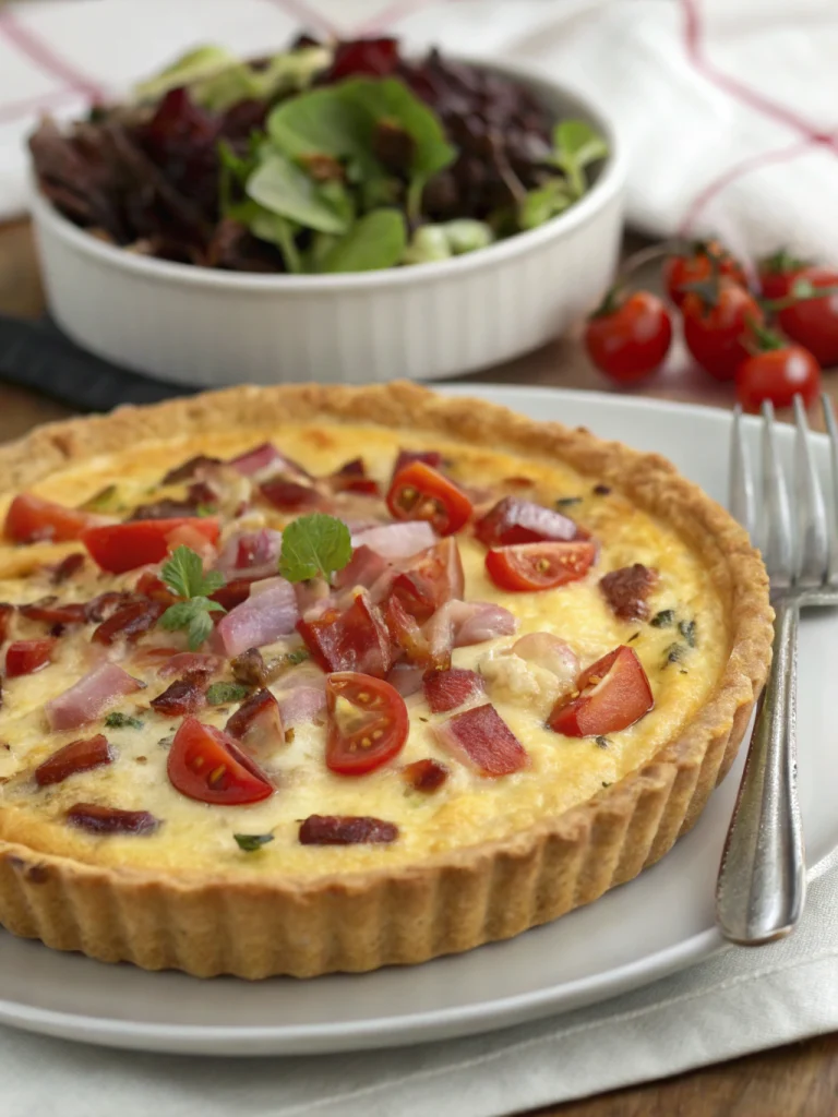 Quiche aux lardons, tomates et oignons
