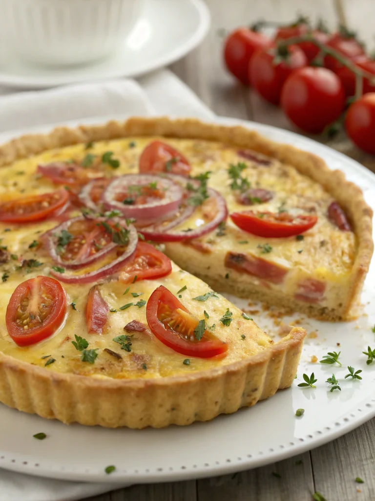 Quiche aux lardons, tomates et oignons