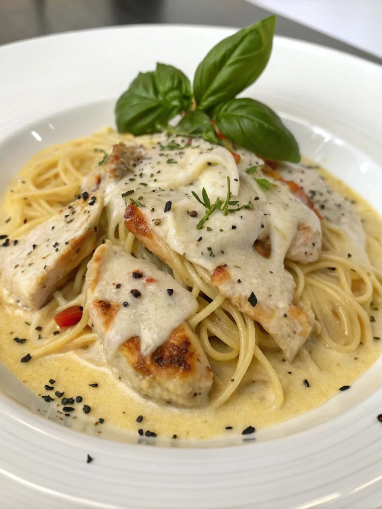 Spaghetti crémeux poulet parmesan fondant
