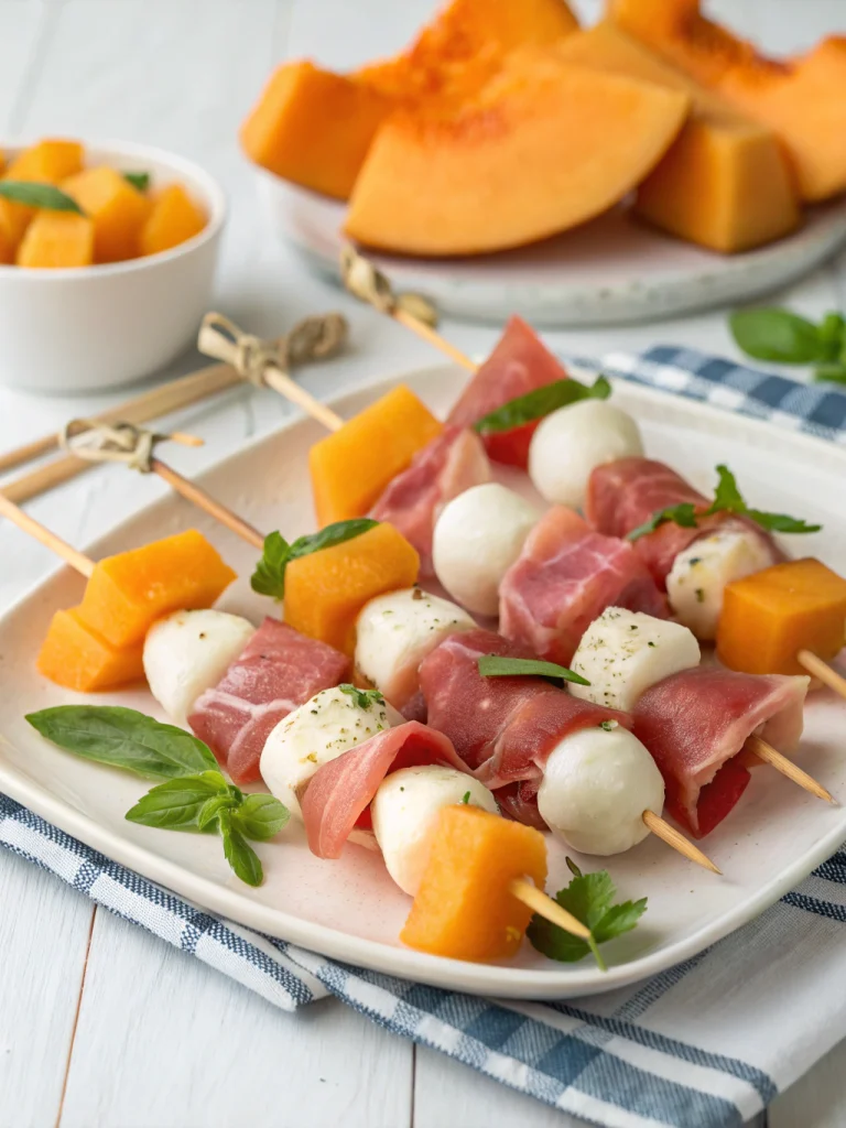 Brochettes de melon jambon cru et mozzarella