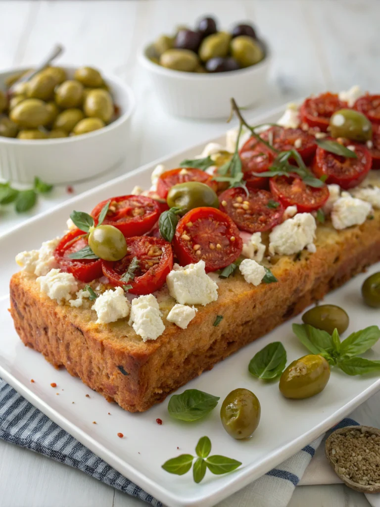 Cake aux tomates séchées, feta et olives vertes