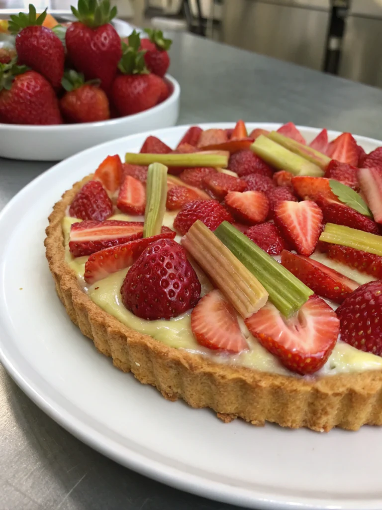Tarte à la curd fraise rhubarbe et palet breton