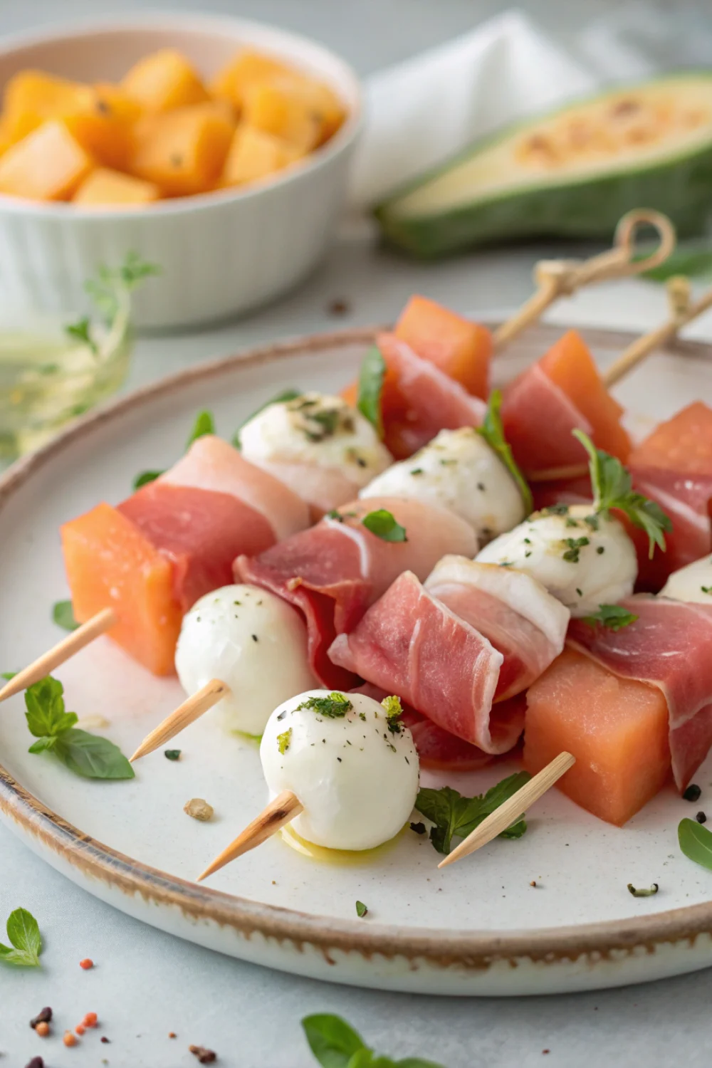 Brochettes melon jambon cru mozzarella