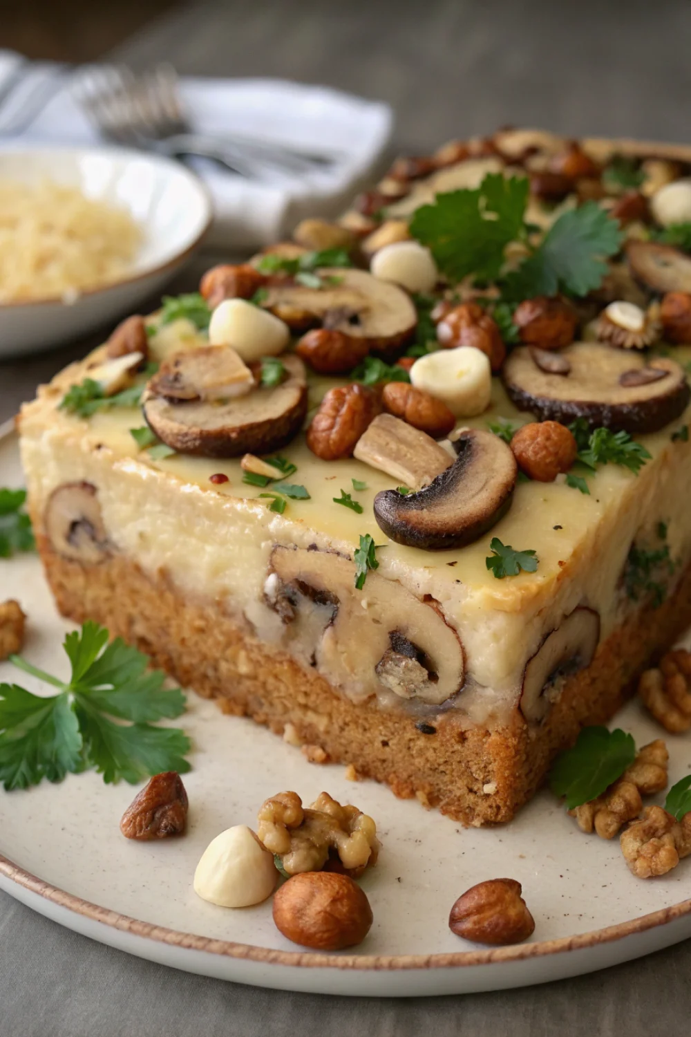 Cake aux Champignons, Comté, Noisettes et Persil Plat