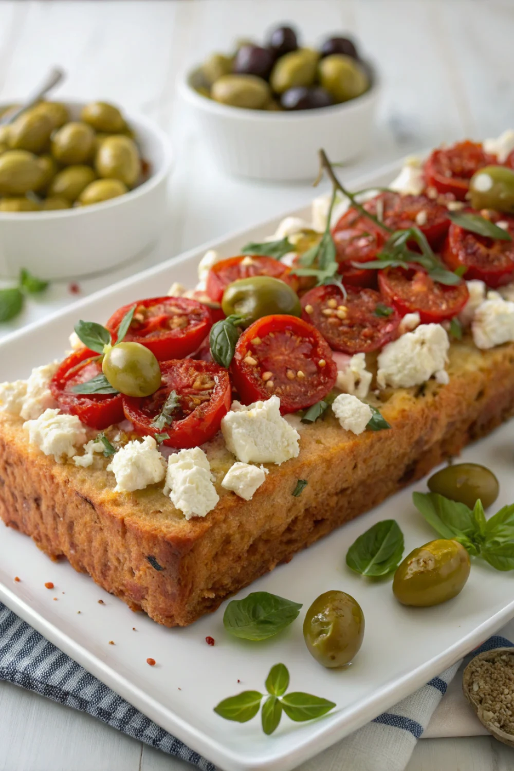 Cake aux tomates séchées, feta et olives vertes