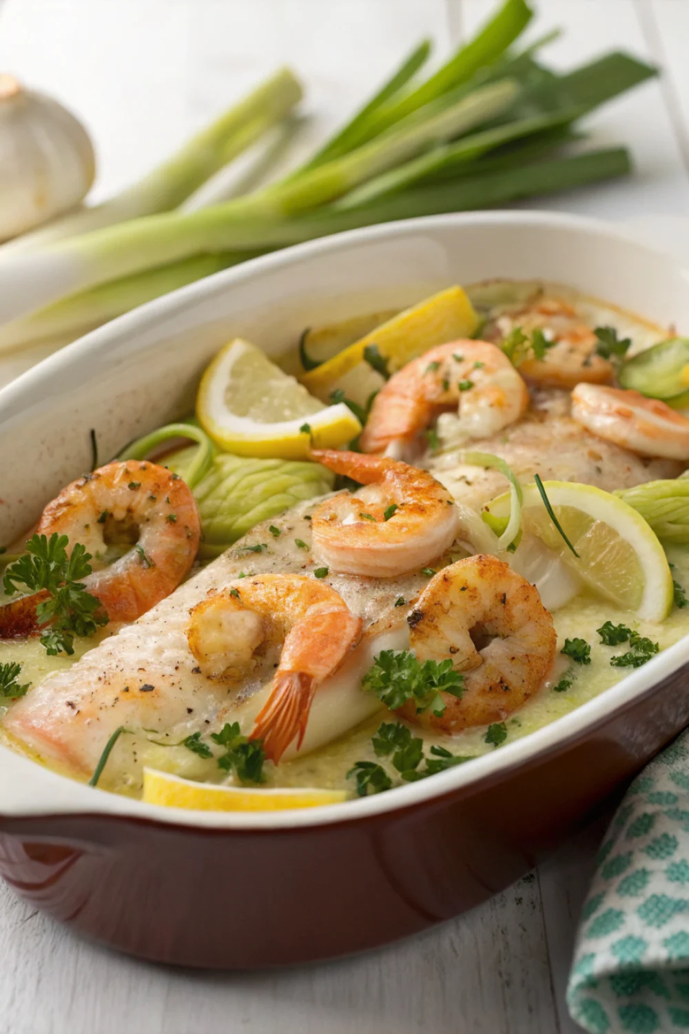 Cassolette poissons crevettes poireaux