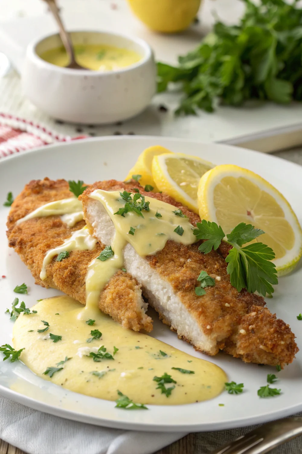 Escalope de Poulet Panée avec Sauce Crémeuse au Citron