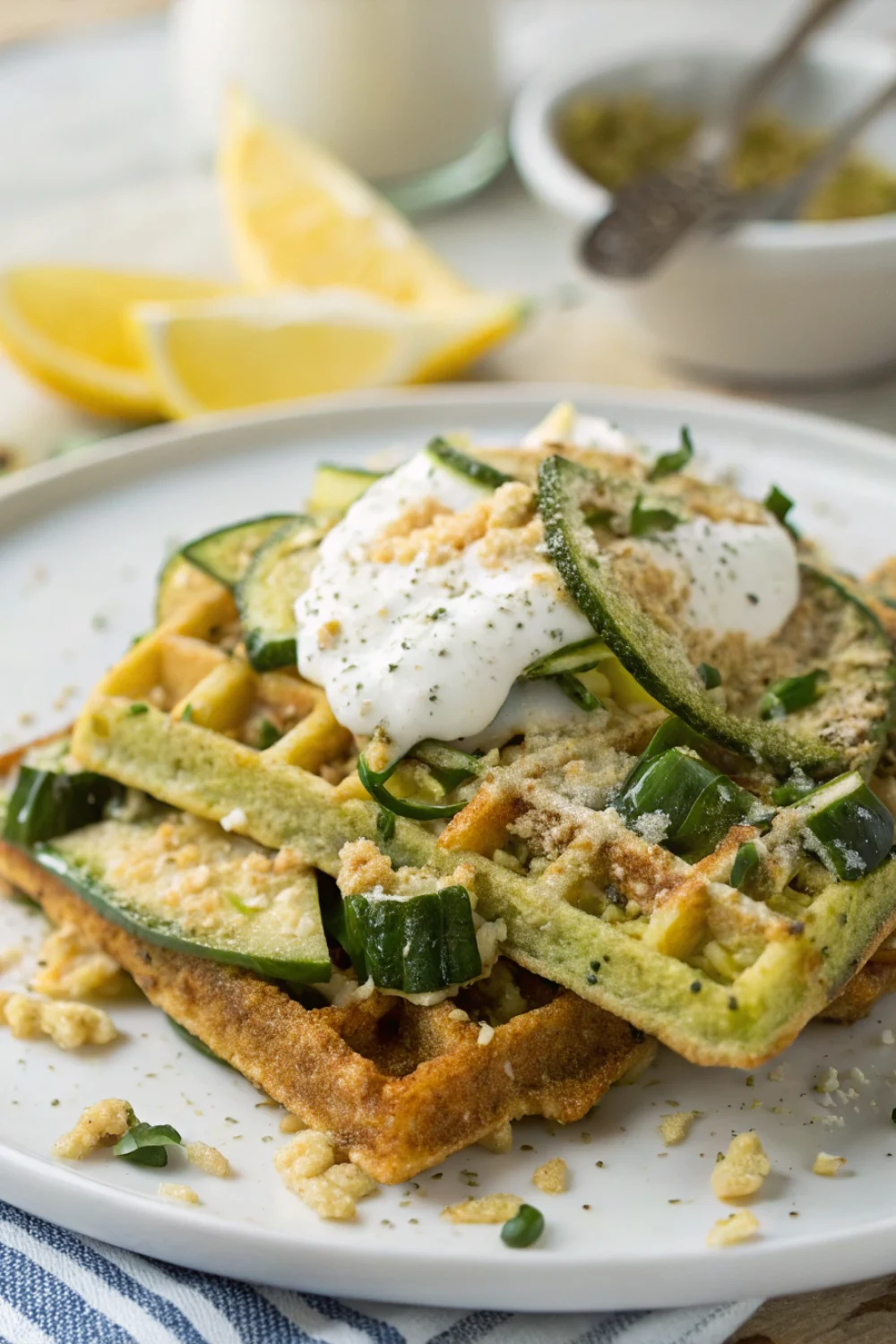 Gaufres Salées au Quinoa Courgette et Parmesan Sauce Yaourt Citron