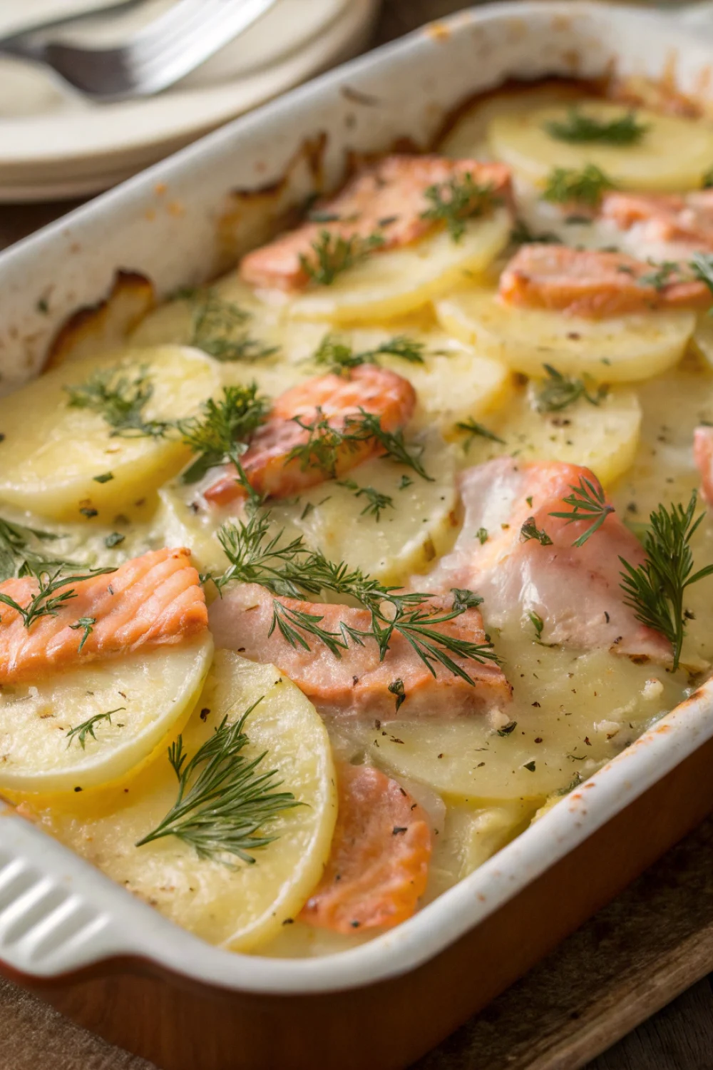 Gratin de pommes de terre et saumon aux herbes