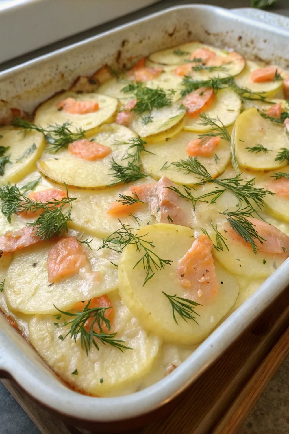 Gratin de pommes de terre et saumon aux herbes
