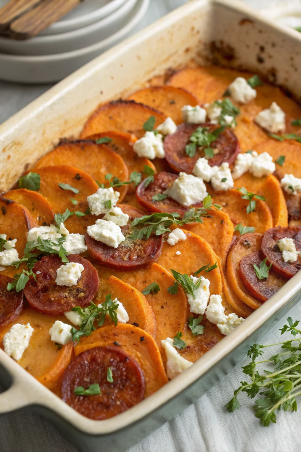 Gratin patates douces chorizo chèvre