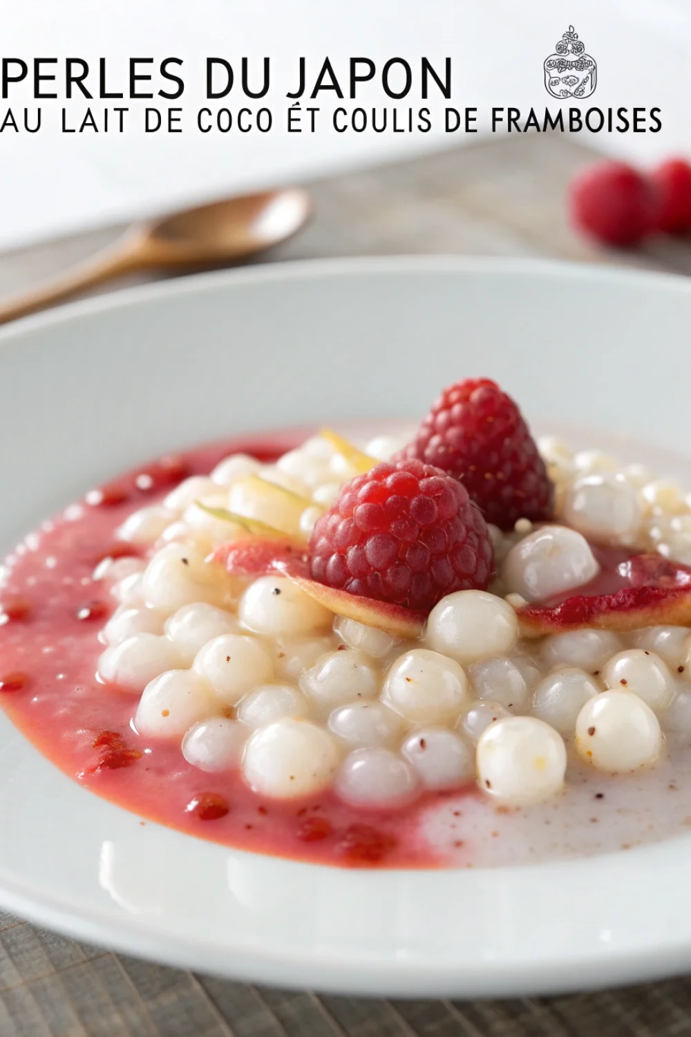 Perles du Japon au lait de coco et coulis de framboises