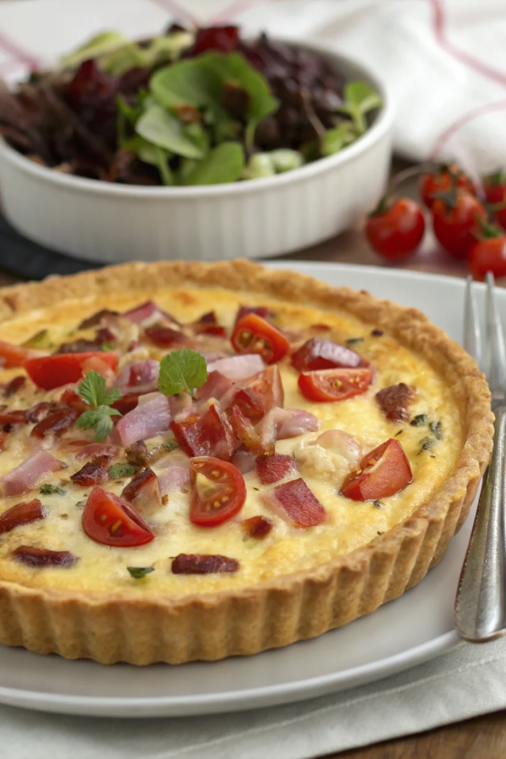 Quiche aux lardons, tomates et oignons