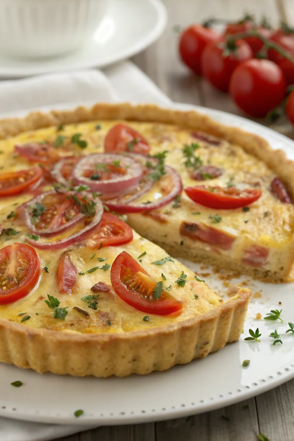 Quiche aux lardons, tomates et oignons