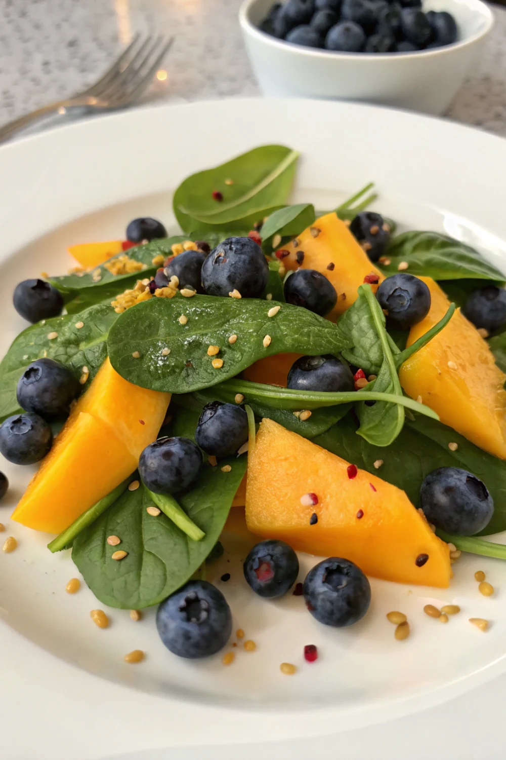 Salade de Mangue avec Épinards et Myrtilles