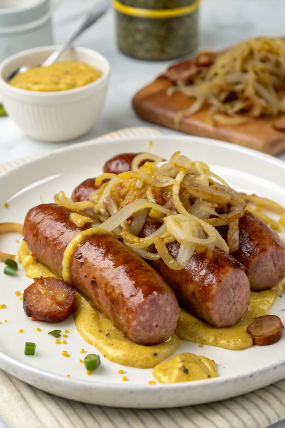 Saucisses à la moutarde et aux oignons