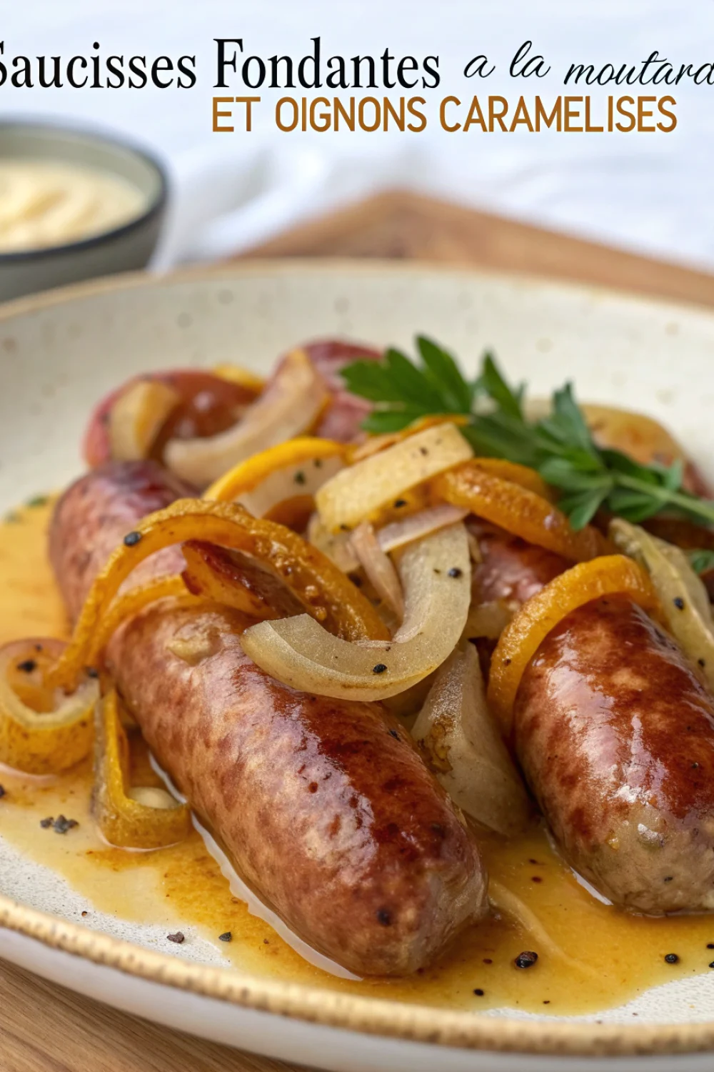 Saucisses fondantes à la moutarde et oignons caramélisés