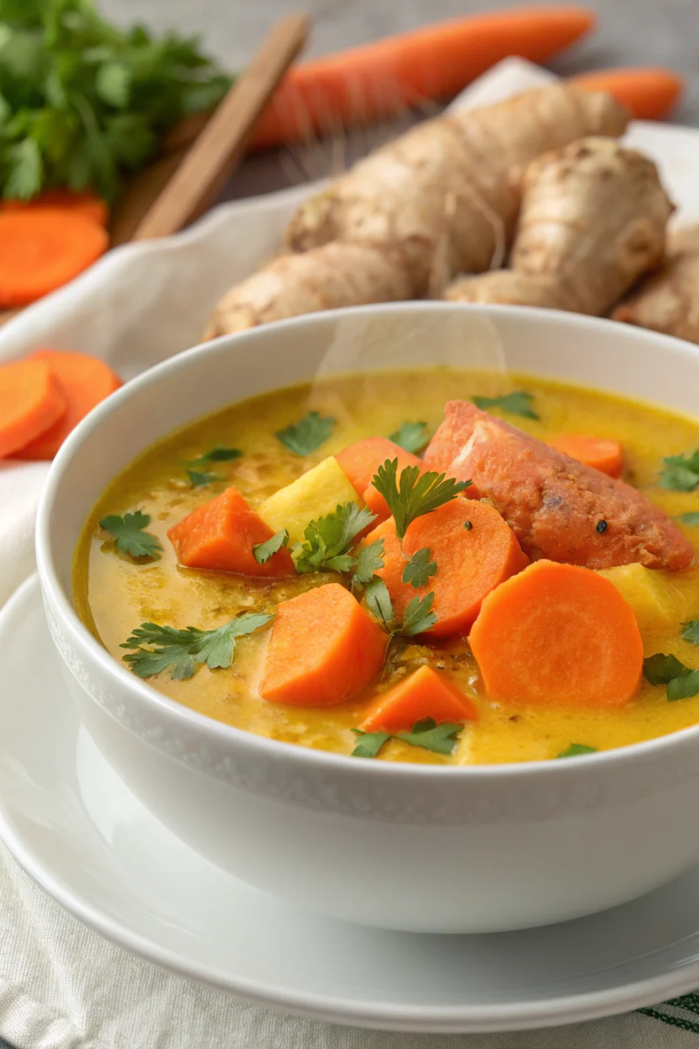 Soupe de carottes patate douce et gingembre au lait de coco