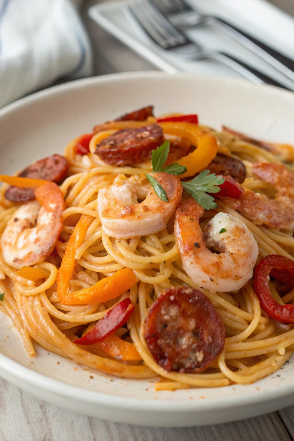 Spaghetti à la Crème de Poivron, Chorizo et Crevettes
