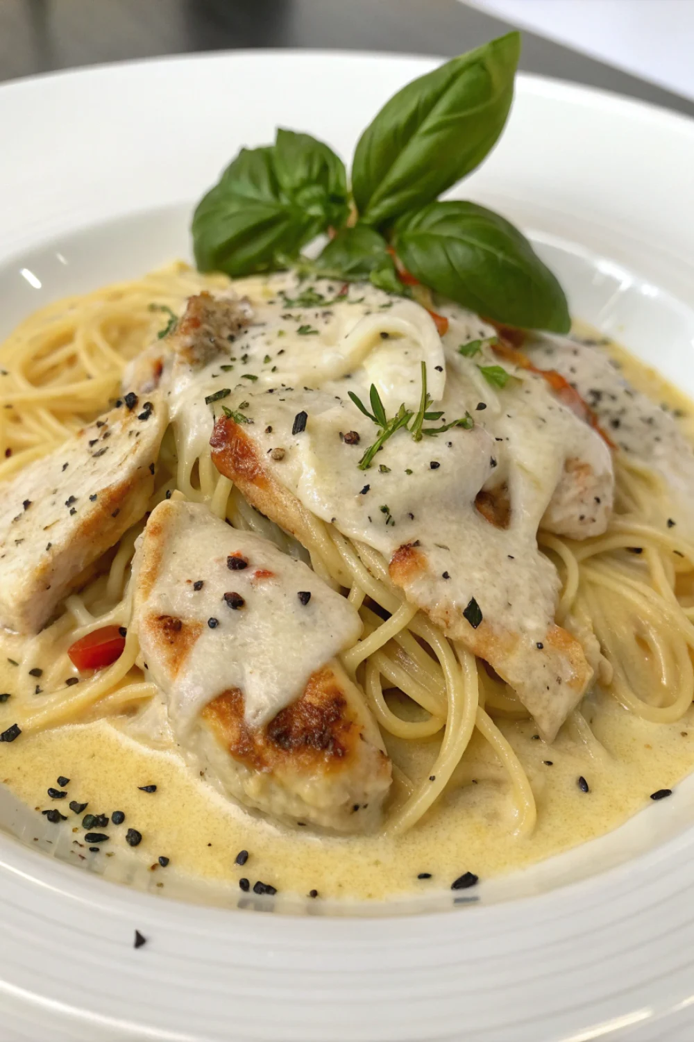 Spaghetti crémeux poulet parmesan fondant