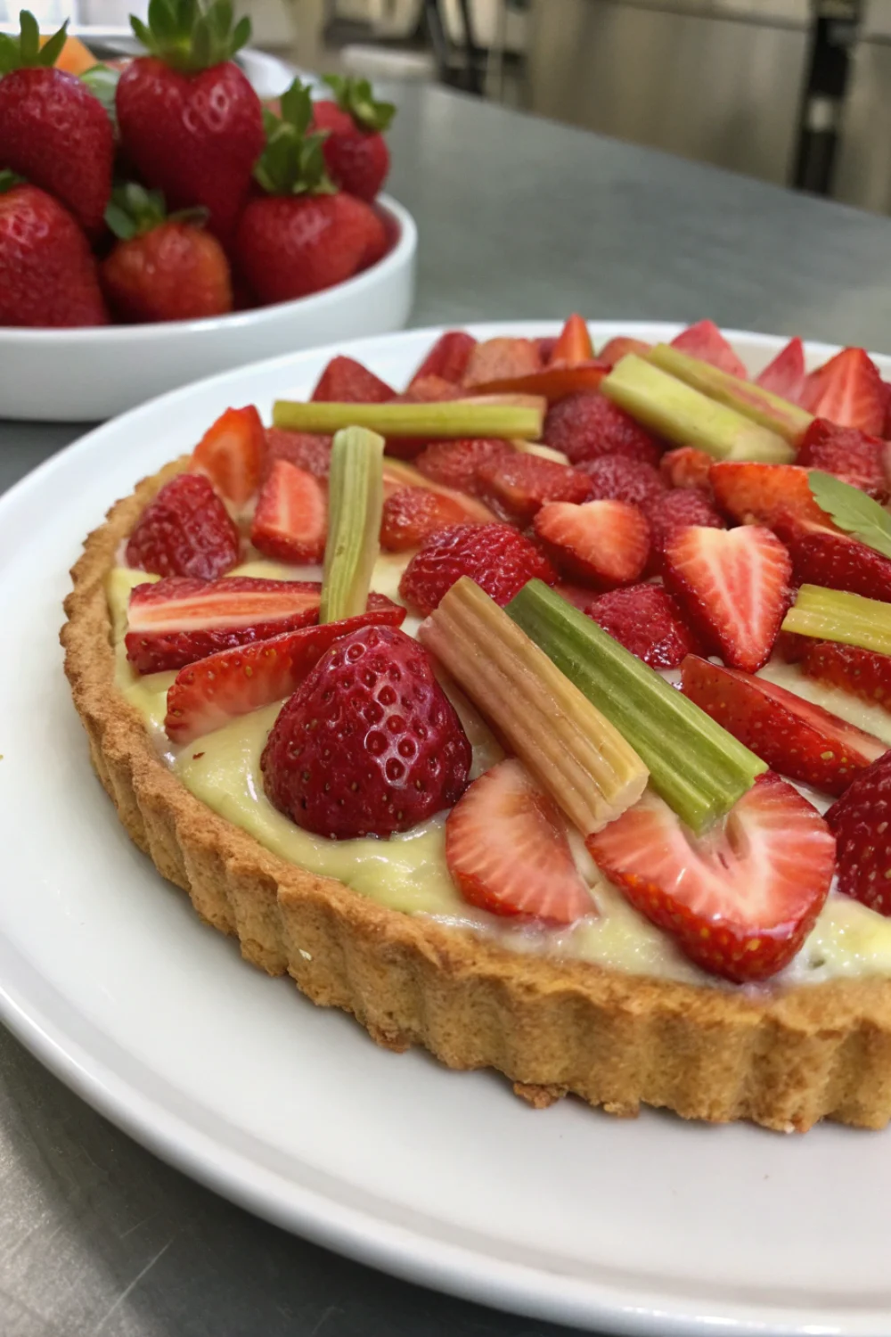 Tarte à la curd fraise rhubarbe et palet breton