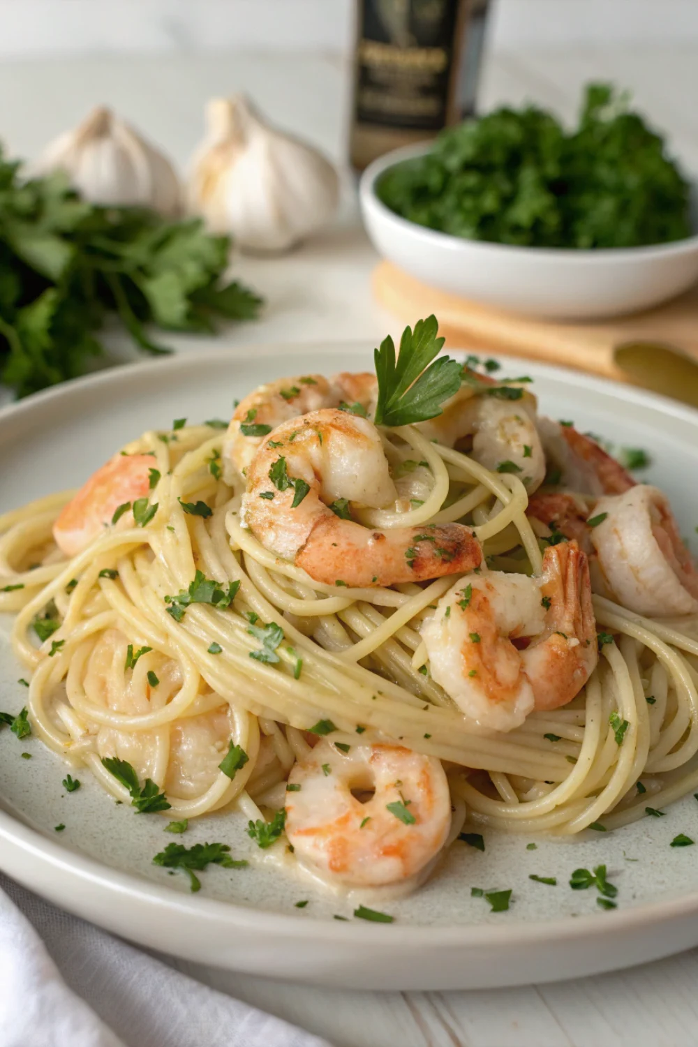 spaghettis aux crevettes et sauce crème ail & persil